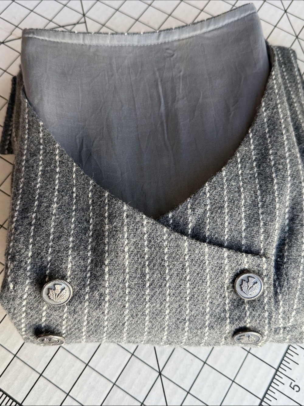 Gray Wool Pinstripe Jumper Tunic Pinafore Thistle Buttons Lined A-Line XS S - Picture 16 of 16